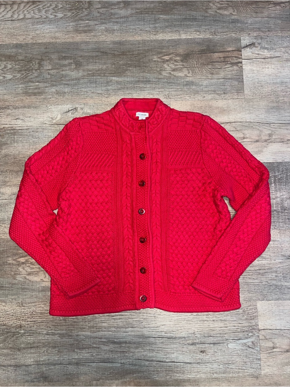 L.L. Bean 100% Cotton Red Cable-Knit Button Cardigan Sweater - Women